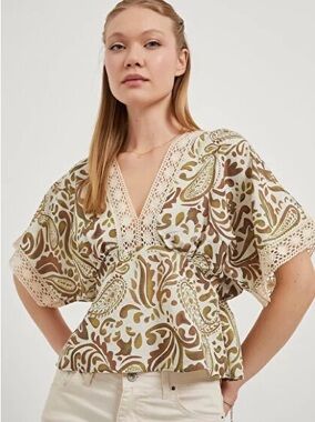 Zara Crochet-Trim V-Neck Paisley Blouse in Brown & Cream